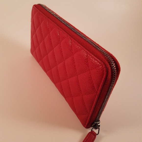 AUTH - Chanel Quilted Caviar Leather Zip around Long Wallet - Red - Good Used - Picture 6 of 16